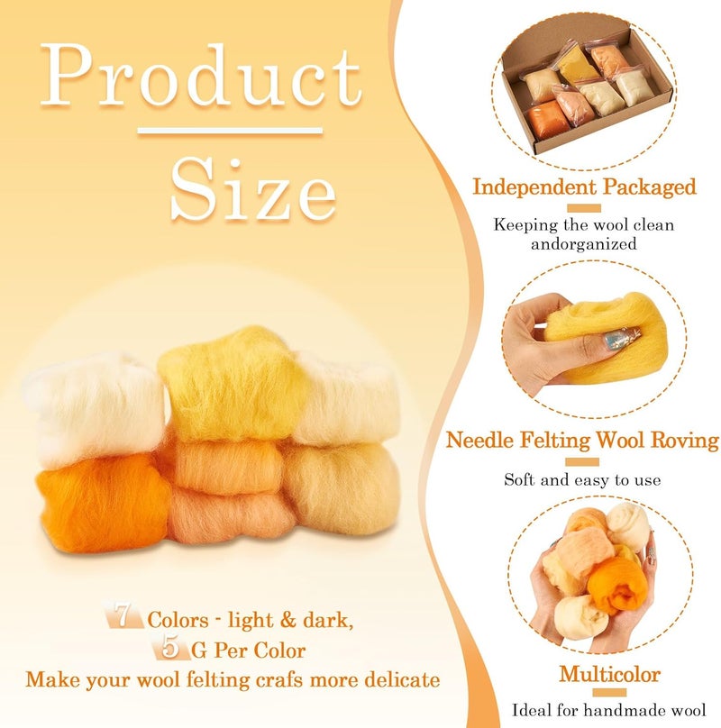 Boutigem 7 Color 35G Orange Needle Felting Wool Roving, Fibre Wool Roving Yarn, DIY Craft Material for Needle Felting, Hand Spinning Supplies for Beginners Felted Animal Flower Crafts Making - Image 2